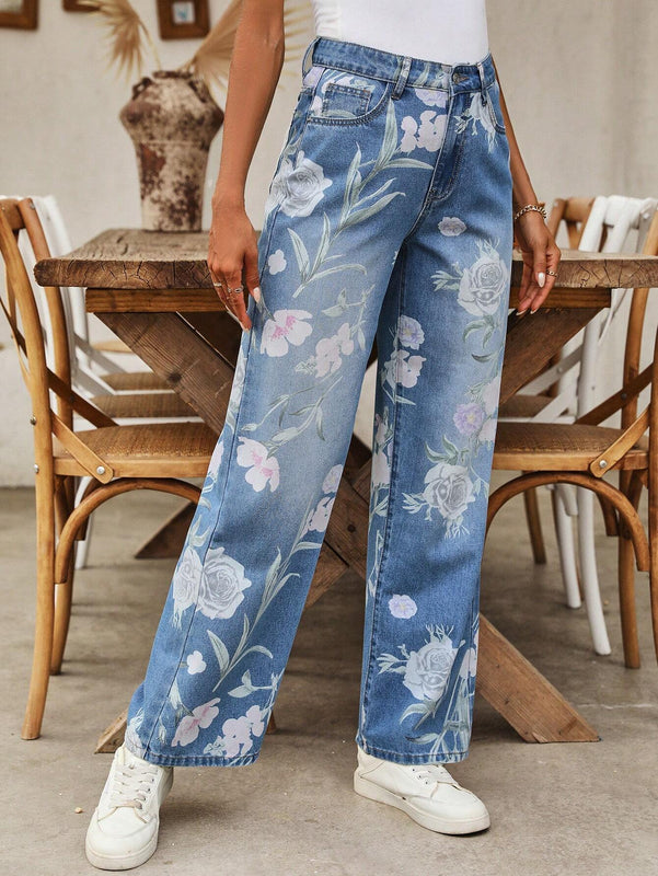 LUNE Jeans de pierna recta para combinar en el uso diario de mujeres con patron floral