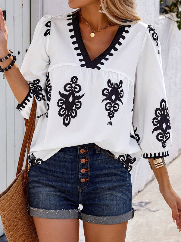 Camisa de mujer con cuello en V y estampado aleatorio con ajuste holgado