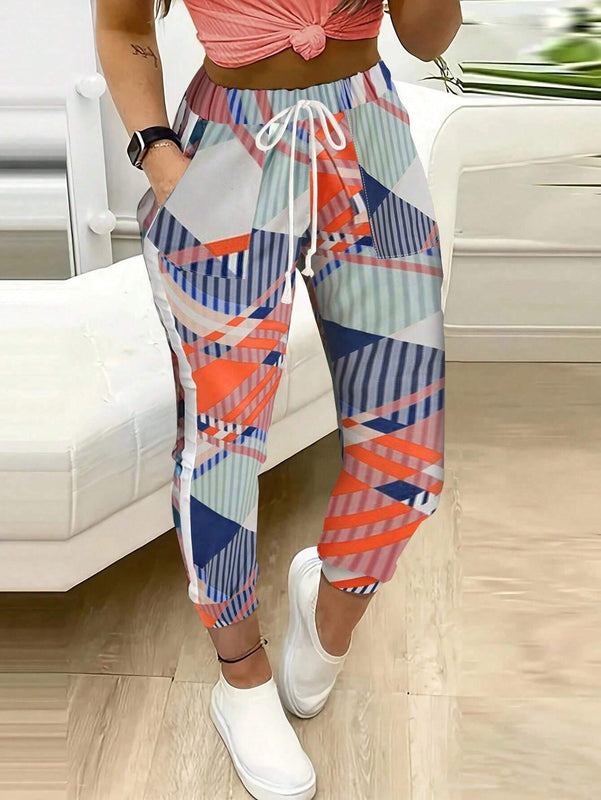 LUNE Pantalones largos estampados con cintura anudada para el uso diario de mujeres (estampado aleatorio)