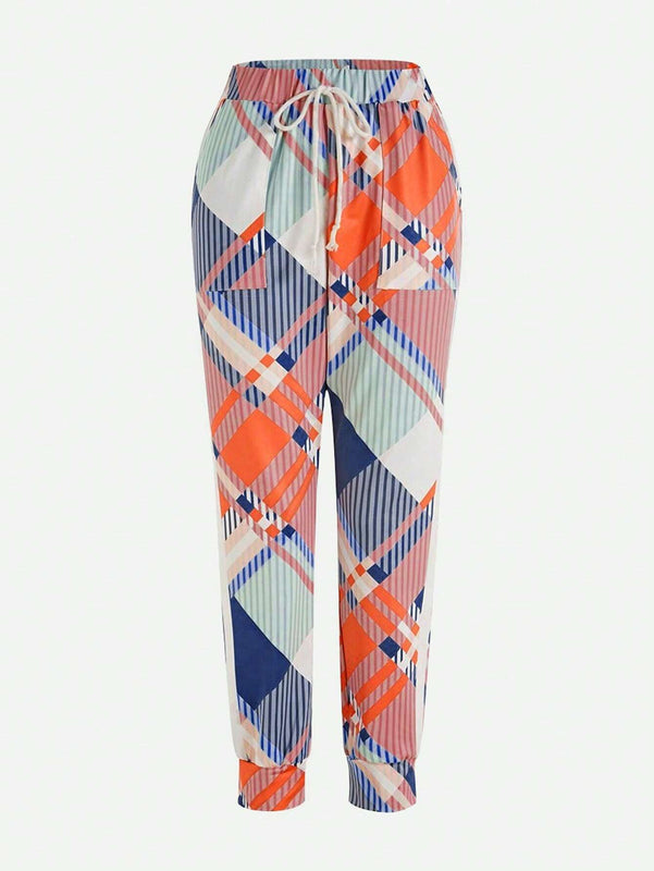 LUNE Pantalones largos estampados con cintura anudada para el uso diario de mujeres (estampado aleatorio)