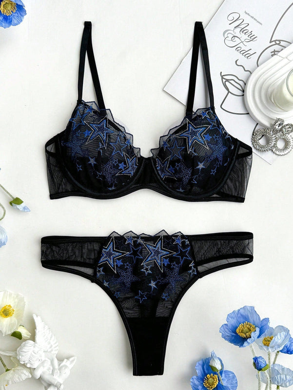 NEW  Conjunto de lenceria para mujer con bordado de estrellas