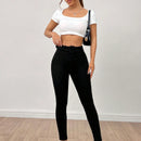 PETITE Pantalones de mujer negros ajustados con cintura alta y cinturon