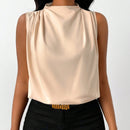 NEW  Slayr Blusa de verano casual con cuello alto, sin mangas y plisada de unicolor