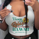 Camiseta corta sin mangas de impresion de palmeras hawaianas ajustada y casual para mujeres, verano