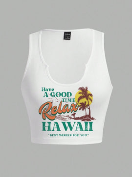 Camiseta corta sin mangas de impresion de palmeras hawaianas ajustada y casual para mujeres, verano