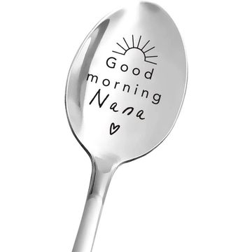 Cuchara de acero inoxidable grabada "Buenos días Nana" - Regalo perfecto para Nana para el Día de las Madres, cumpleaños o Navidad - 2,8 cm x 19 cm - Cuchara de fiesta - Sin pluma - Adecuada para edades de 14+