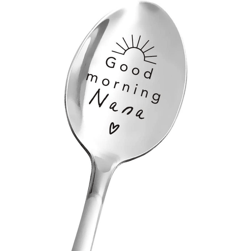 Cuchara de acero inoxidable grabada "Buenos días Nana" - Regalo perfecto para Nana para el Día de las Madres, cumpleaños o Navidad - 2,8 cm x 19 cm - Cuchara de fiesta - Sin pluma - Adecuada para edades de 14+
