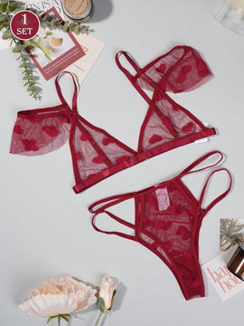 NEW Conjunto de lenceria sexy para mujer con encaje amoroso y malla transparente en color rojo con braguitas