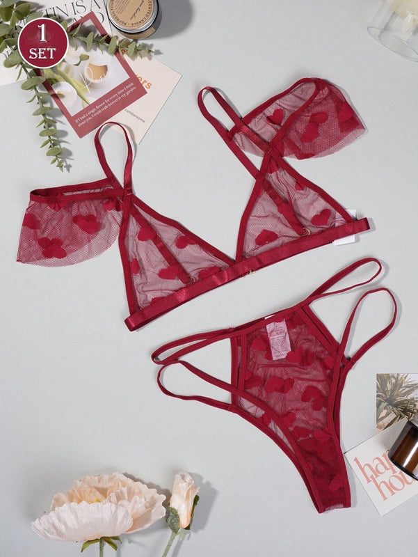NEW Conjunto de lenceria sexy para mujer con encaje amoroso y malla transparente en color rojo con braguitas