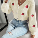Moosta cardigan holgado de mujer con mangas farol, hombros caidos y bordado de fresa de estilo casual