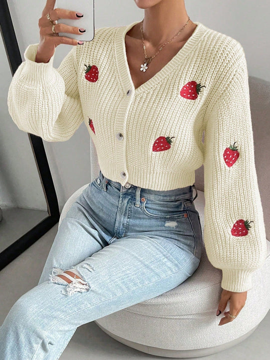 Moosta cardigan holgado de mujer con mangas farol, hombros caidos y bordado de fresa de estilo casual