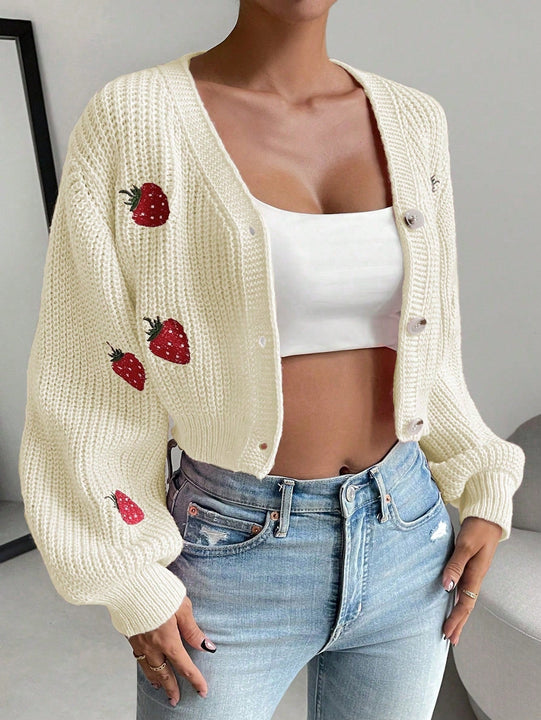 Moosta cardigan holgado de mujer con mangas farol, hombros caidos y bordado de fresa de estilo casual