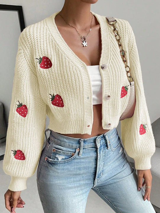 Moosta cardigan holgado de mujer con mangas farol, hombros caidos y bordado de fresa de estilo casual