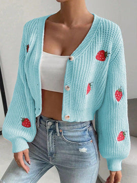 Moosta cardigan holgado de mujer con mangas farol, hombros caidos y bordado de fresa de estilo casual