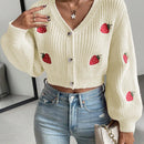 Moosta cardigan holgado de mujer con mangas farol, hombros caidos y bordado de fresa de estilo casual