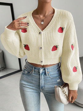 Moosta cardigan holgado de mujer con mangas farol, hombros caidos y bordado de fresa de estilo casual