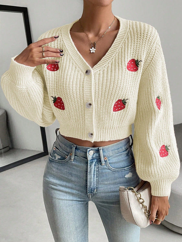 Moosta cardigan holgado de mujer con mangas farol, hombros caidos y bordado de fresa de estilo casual