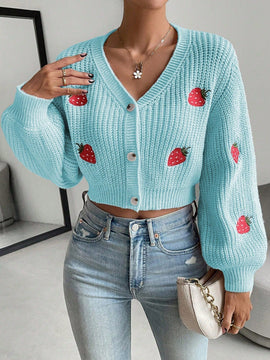 Moosta cardigan holgado de mujer con mangas farol, hombros caidos y bordado de fresa de estilo casual