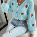 Moosta cardigan holgado de mujer con mangas farol, hombros caidos y bordado de fresa de estilo casual