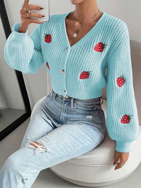 Moosta cardigan holgado de mujer con mangas farol, hombros caidos y bordado de fresa de estilo casual