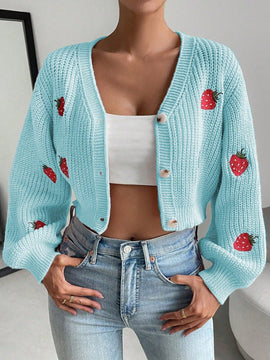 Moosta cardigan holgado de mujer con mangas farol, hombros caidos y bordado de fresa de estilo casual