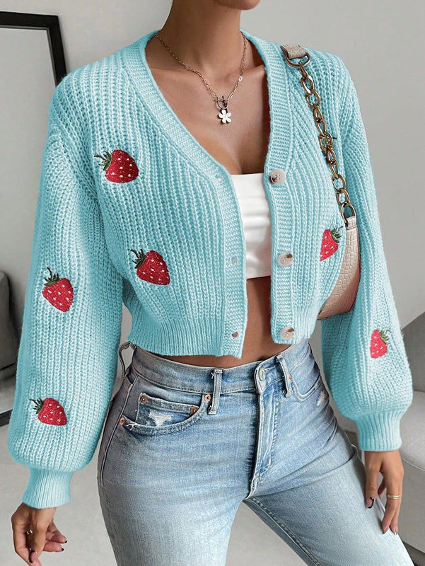 Moosta cardigan holgado de mujer con mangas farol, hombros caidos y bordado de fresa de estilo casual