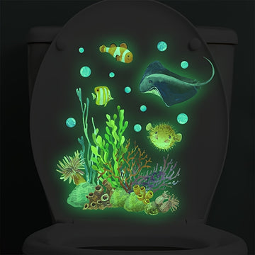 1pieza Calcomanía de inodoro iluminada Cartoon, patrón de mundo submarino de pez diablo coral, calcomanía autoadhesiva para pared, decoración de pared para dormitorio, entrada, sala de estar, porche