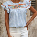 Camisa con bordado floral y dobladillo con volantes, ideal para vacaciones de verano y tiempo de ocio