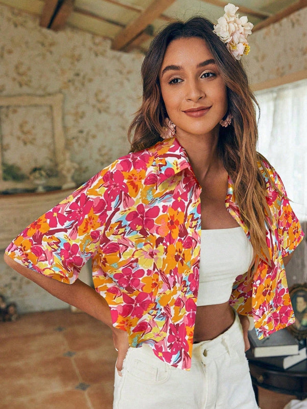 NEW  Essnce Camisa de manga corta con botones y cuello con estampado floral para vacaciones de verano