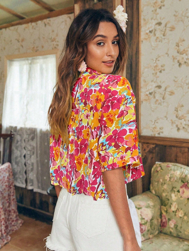 NEW  Essnce Camisa de manga corta con botones y cuello con estampado floral para vacaciones de verano