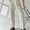 Ezwear pantalones de lino simples y diarios de unicolor para mujer con cinturon, ajuste delgado