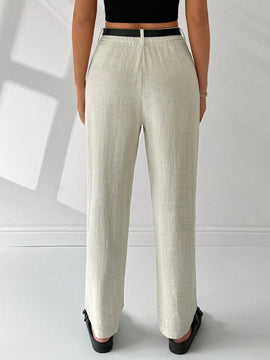 Ezwear pantalones de lino simples y diarios de unicolor para mujer con cinturon, ajuste delgado