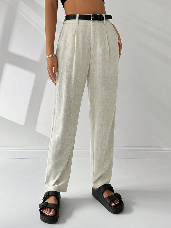 Ezwear pantalones de lino simples y diarios de unicolor para mujer con cinturon, ajuste delgado