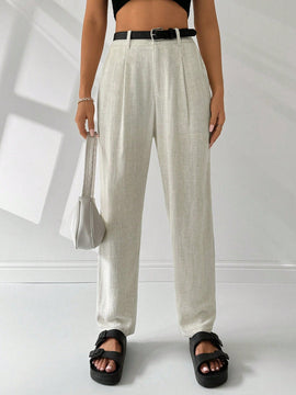Ezwear pantalones de lino simples y diarios de unicolor para mujer con cinturon, ajuste delgado