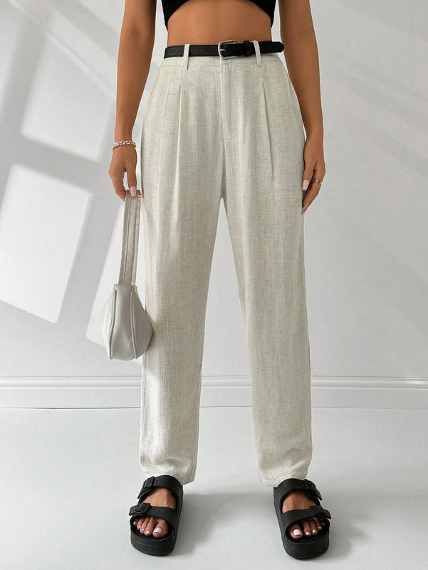EZwear Pantalones de lino simples y diarios de unicolor para mujer con cinturon, ajuste delgado