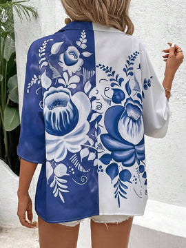 Camisa de manga enrollada con estampado floral para mujer, ideal para vacaciones/ocio