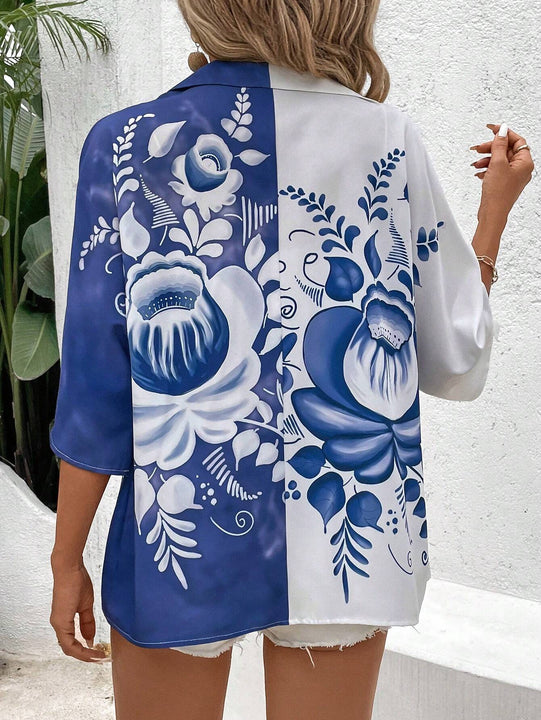 Camisa de manga enrollada con estampado floral para mujer, ideal para vacaciones/ocio