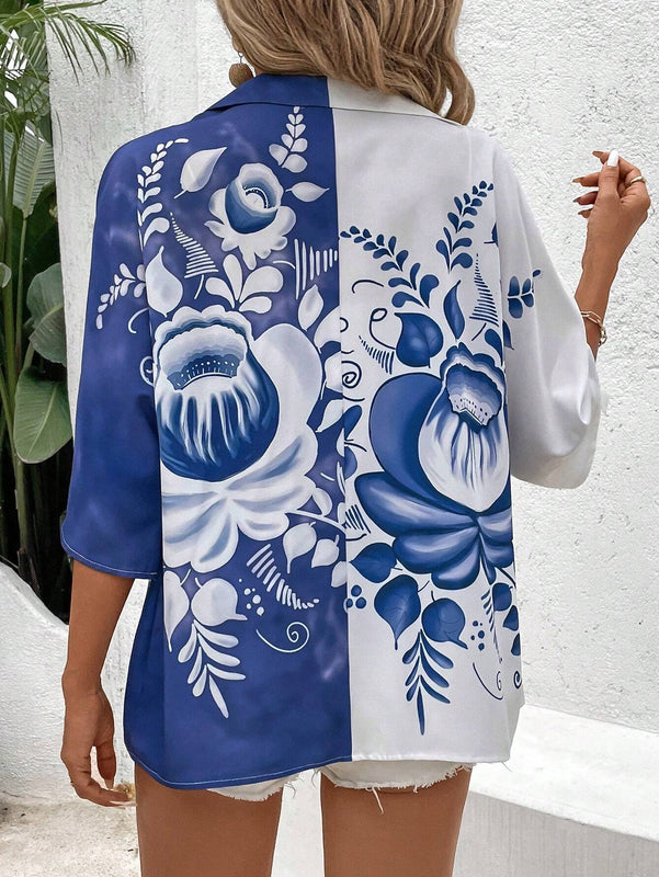 Camisa de manga enrollada con estampado floral para mujer, ideal para vacaciones/ocio