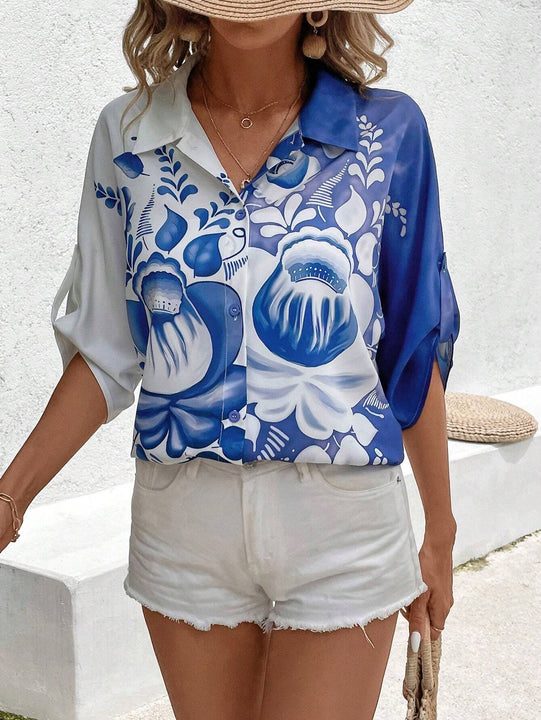 Camisa de manga enrollada con estampado floral para mujer, ideal para vacaciones/ocio