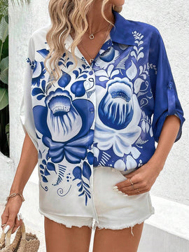 Camisa de manga enrollada con estampado floral para mujer, ideal para vacaciones/ocio