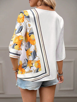 Clasi Camisa de verano casual de mujer con estampado floral y cuello en V