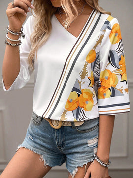 Clasi Camisa de verano casual de mujer con estampado floral y cuello en V