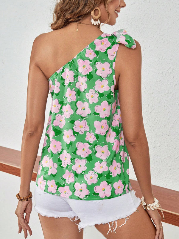 Blusa impresa de vacaciones romanticas de mujer con un hombro con lazo de verano