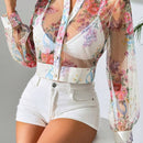 Camisa de malla de manga larga y patron impreso aleatorio para mujer