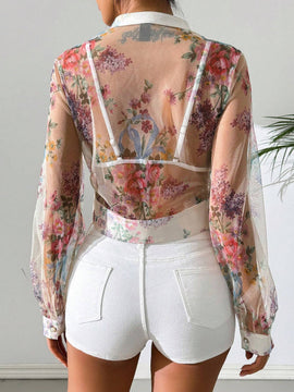 Camisa de malla de manga larga y patron impreso aleatorio para mujer