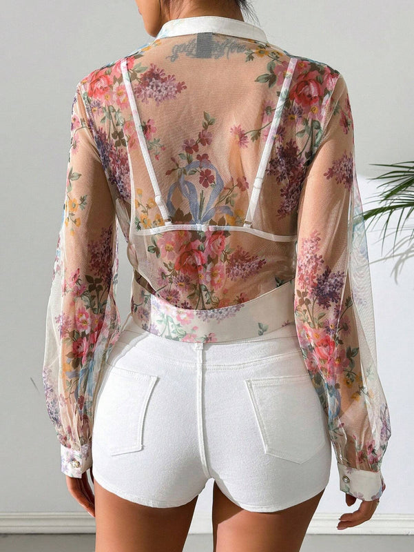 Camisa de malla de manga larga y patron impreso aleatorio para mujer