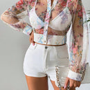 Camisa de malla de manga larga y patron impreso aleatorio para mujer