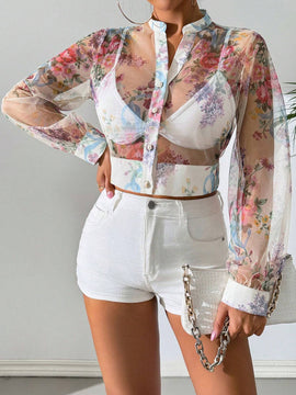 Camisa de malla de manga larga y patron impreso aleatorio para mujer