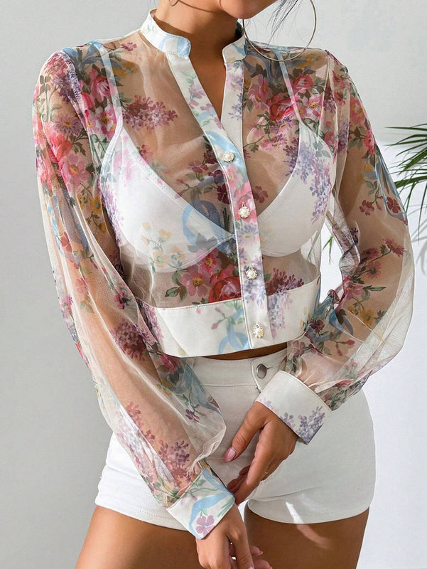 Camisa de malla de manga larga y patron impreso aleatorio para mujer