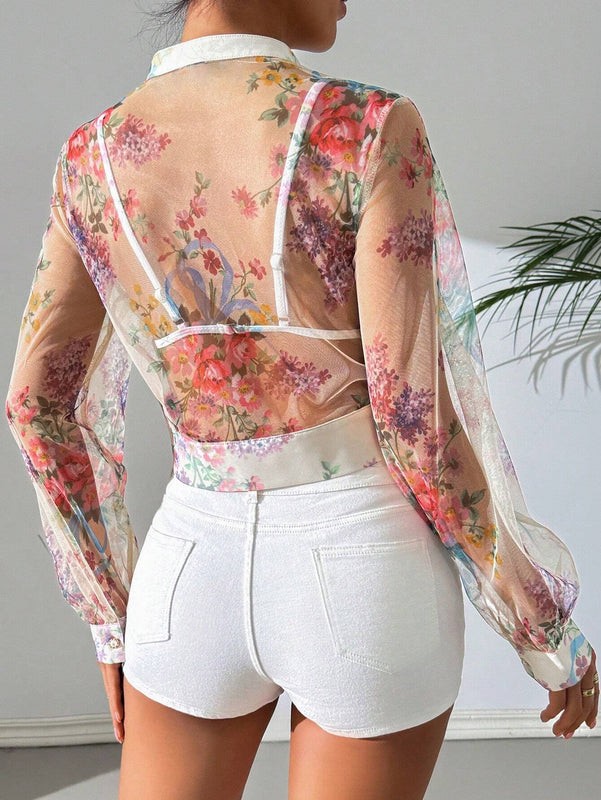 Camisa de malla de manga larga y patron impreso aleatorio para mujer